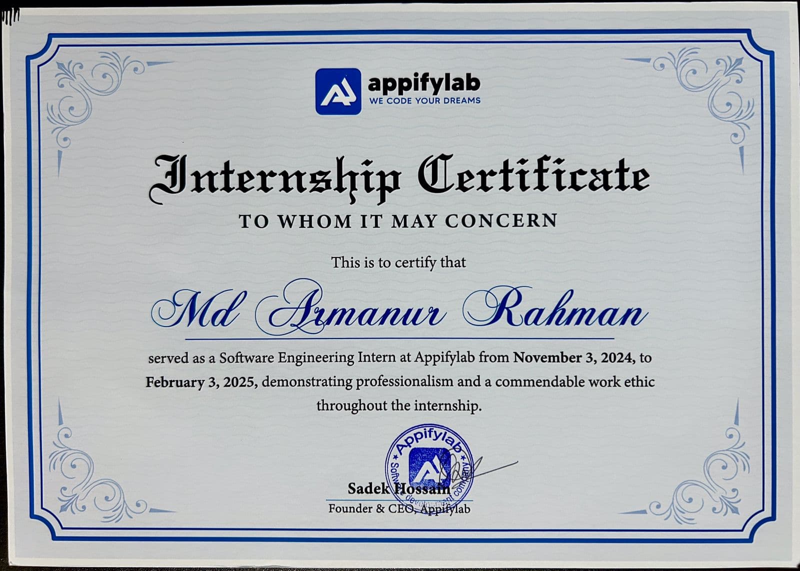 Certificate of SWE Internship